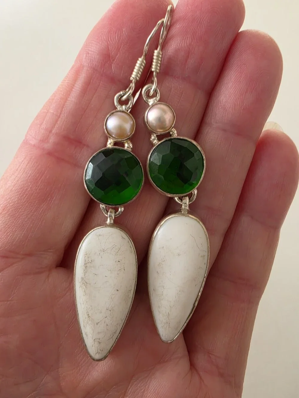 925 Silver Green Crystals, White Buffalo & Pearl Dainty Long Earrings!